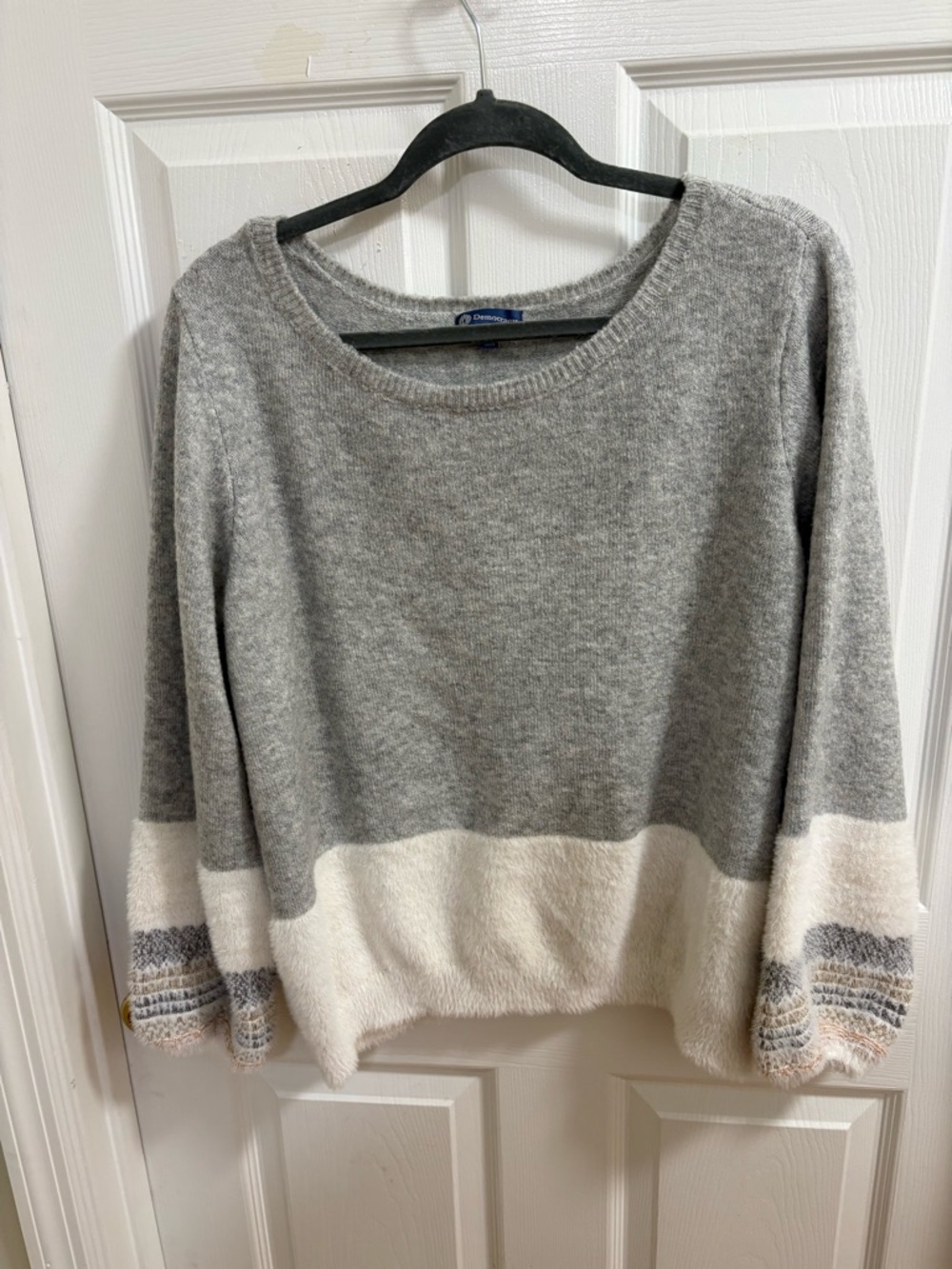 Democracy gray and cream women's sweater is a stylish color-block pullover